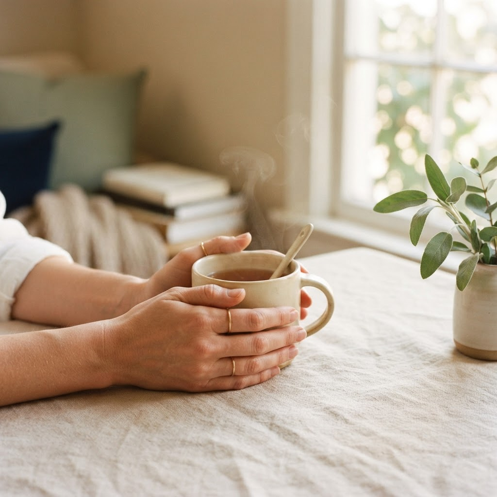 Two hands gently holding a warm mug of tea in soft natural light