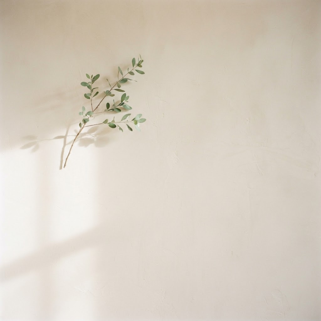 A soft green branch casting a gentle shadow on an ivory wall