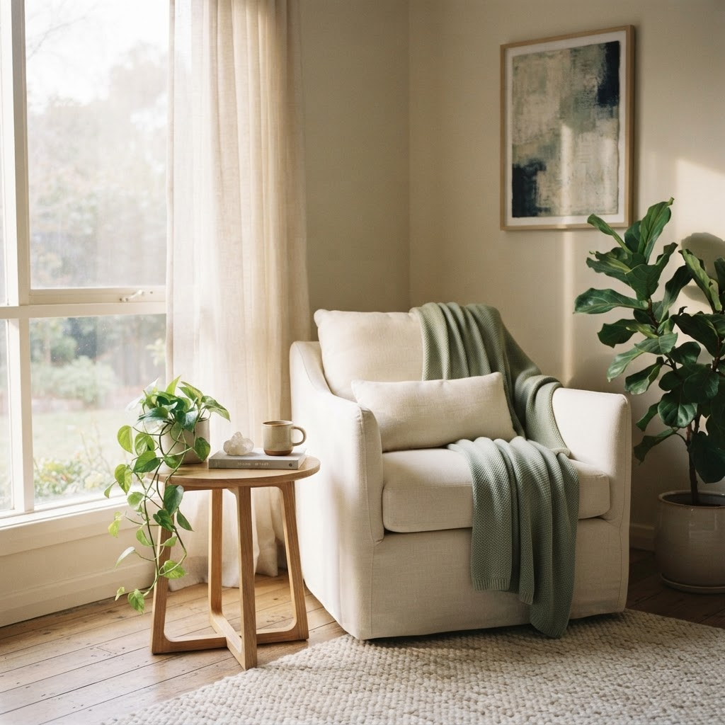 A calm, sunlit interior with a soft armchair and plants